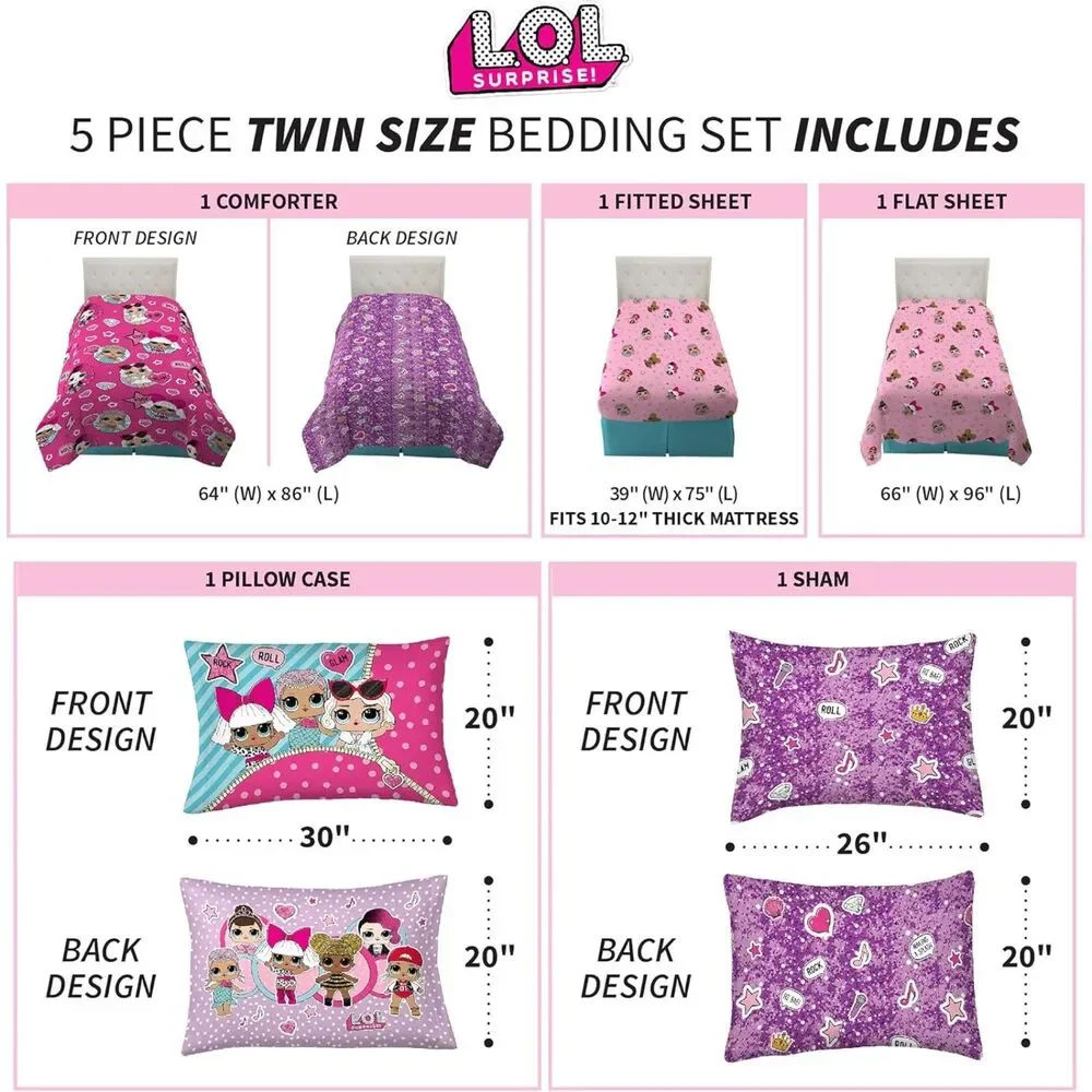 LOL Surprise 5 Piece Twin Bedding Set Comforter Sheets & Sham Girls